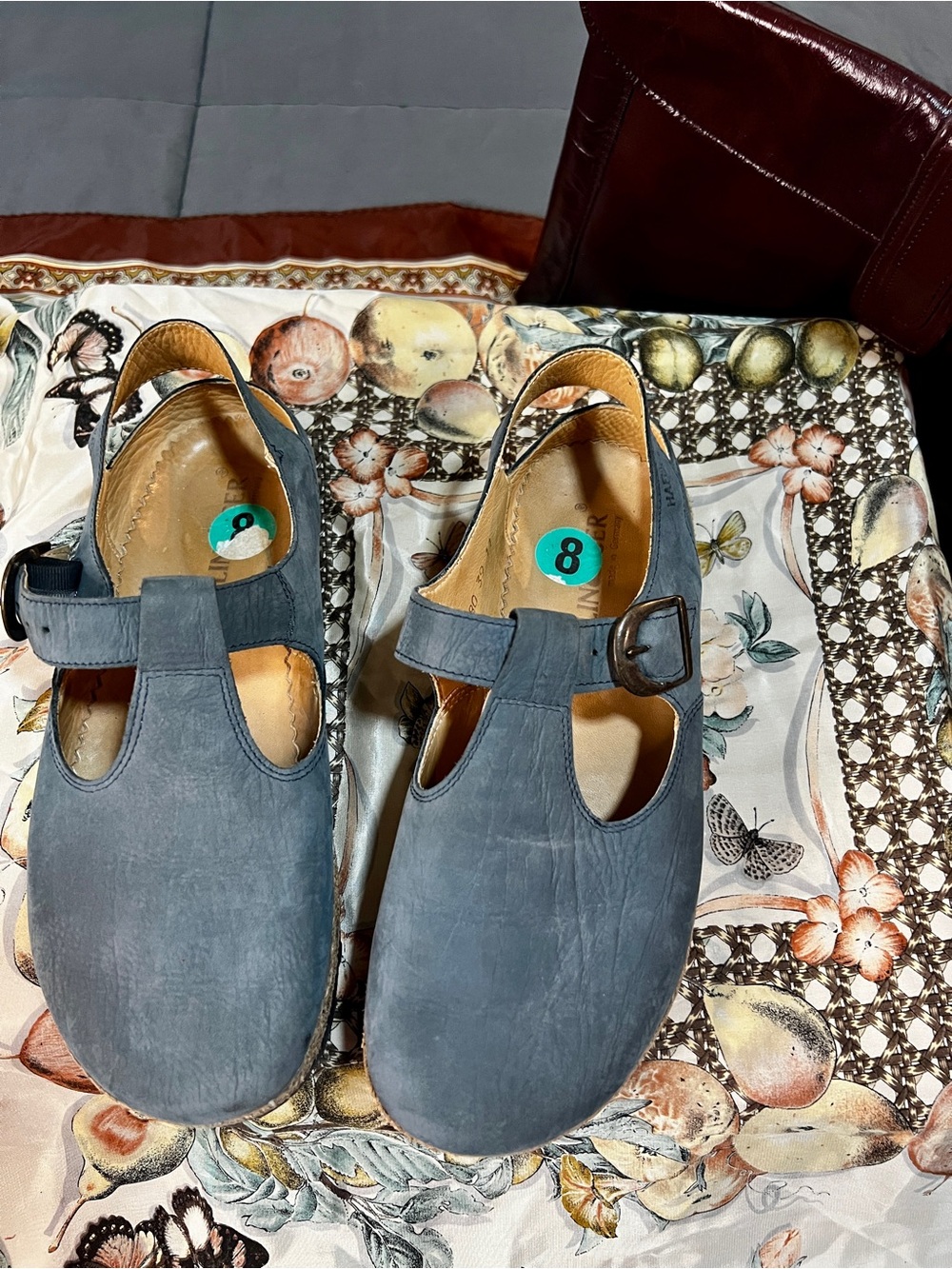Haflinger Wms Blue Nubuck Leather Cork T Strap Mary Jane Comfort Clogs EU 39/8